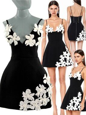 🆕 BRONX & BANCO 🧿 NWOT Emma 3D Floral Mini Dress, Black & White - Sz M US 6